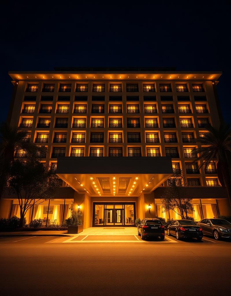 Boutique luxury hotel exterior at twilight