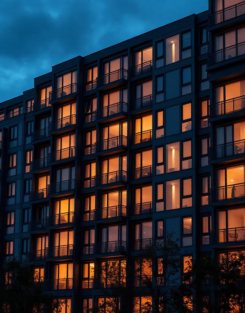 Modern multifamily tower at dusk