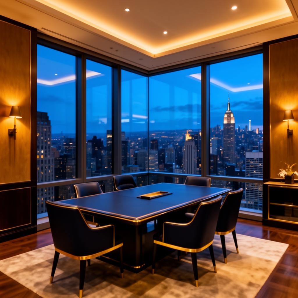 Executive boardroom overlooking Manhattan at dusk